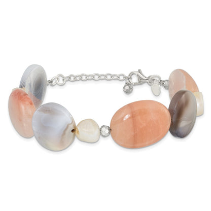 925 Sterling Silver Agate, Aventurine, Crystal and Freshwater Cultured Pearl 9 inch Bracelet
