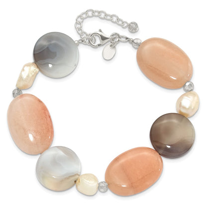 925 Sterling Silver Agate, Aventurine, Crystal and Freshwater Cultured Pearl 9 inch Bracelet