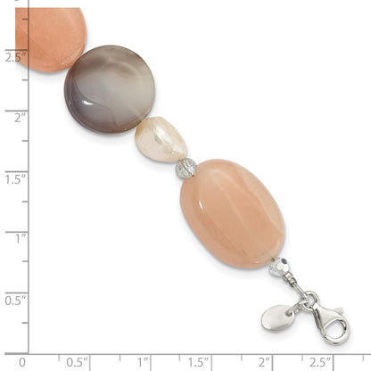 925 Sterling Silver Agate, Aventurine, Crystal and Freshwater Cultured Pearl 9 inch Bracelet