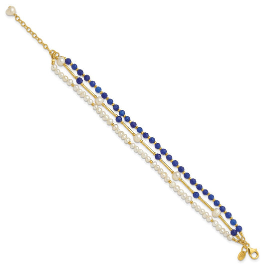 925 Sterling Silver Gold-plated Freshwater Cultured Pearl/Blue Quartz 9 inch Bracelet