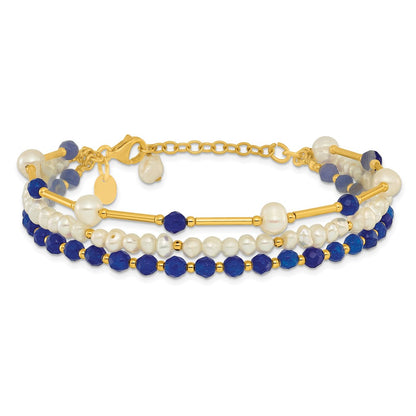 925 Sterling Silver Gold-plated Freshwater Cultured Pearl/Blue Quartz 9 inch Bracelet