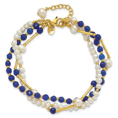 925 Sterling Silver Gold-plated Freshwater Cultured Pearl/Blue Quartz 9 inch Bracelet