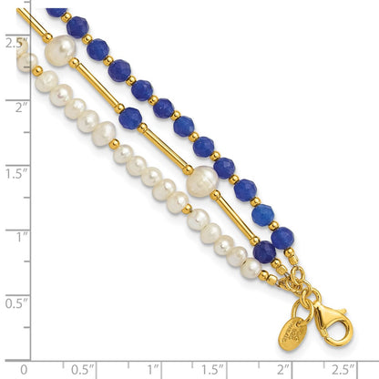 925 Sterling Silver Gold-plated Freshwater Cultured Pearl/Blue Quartz 9 inch Bracelet