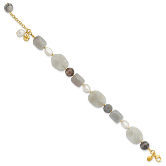 925 Sterling Silver Gold-plated Freshwater Cultured Pearl/Agate/Sardonyx 9 inch Bracelet