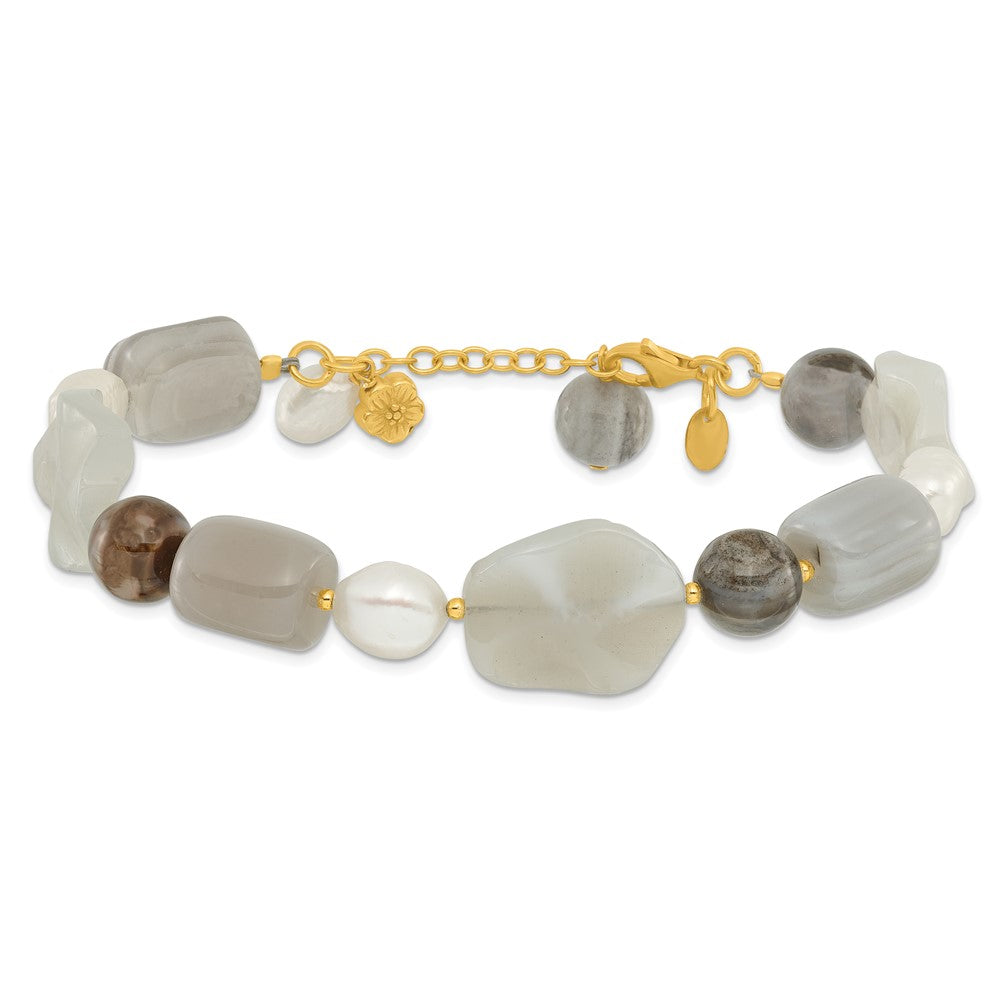 925 Sterling Silver Gold-plated Freshwater Cultured Pearl/Agate/Sardonyx 9 inch Bracelet