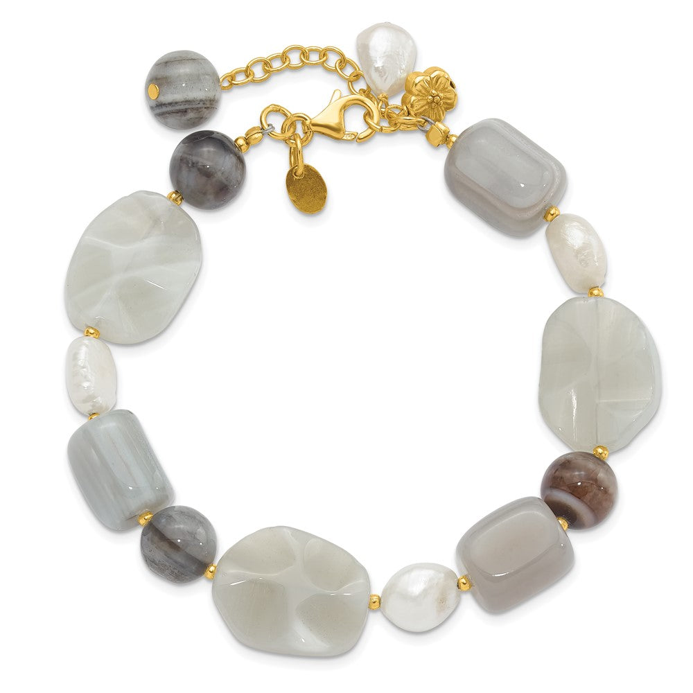 925 Sterling Silver Gold-plated Freshwater Cultured Pearl/Agate/Sardonyx 9 inch Bracelet