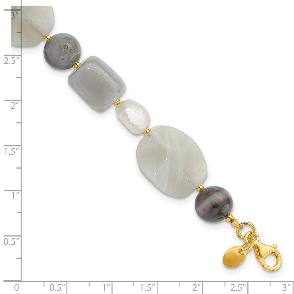 925 Sterling Silver Gold-plated Freshwater Cultured Pearl/Agate/Sardonyx 9 inch Bracelet