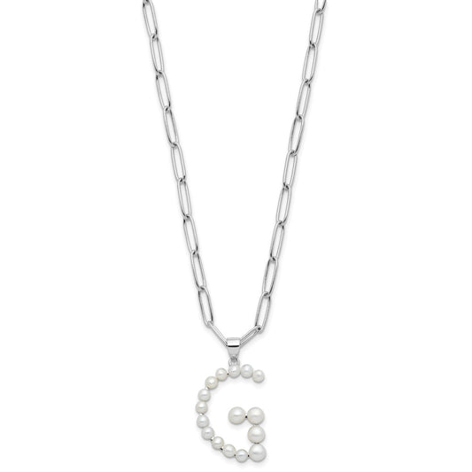 Sterling Silver 3-5.5mm Button Freshwater Cultured Pearl LETTER G Pendant Necklace 18"