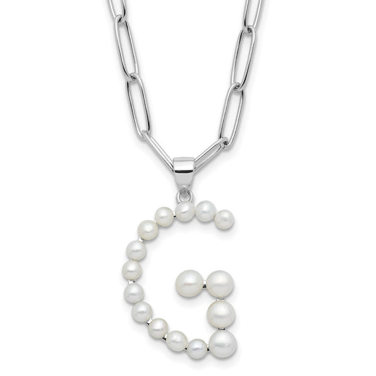 Sterling Silver 3-5.5mm Button Freshwater Cultured Pearl LETTER G Pendant Necklace 18"