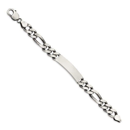 925 Sterling Silver 9mm Engraveable Antiqued Figaro Link ID Bracelet 8.5 inch