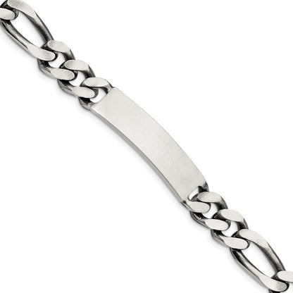 925 Sterling Silver 9mm Engraveable Antiqued Figaro Link ID Bracelet 8.5 inch