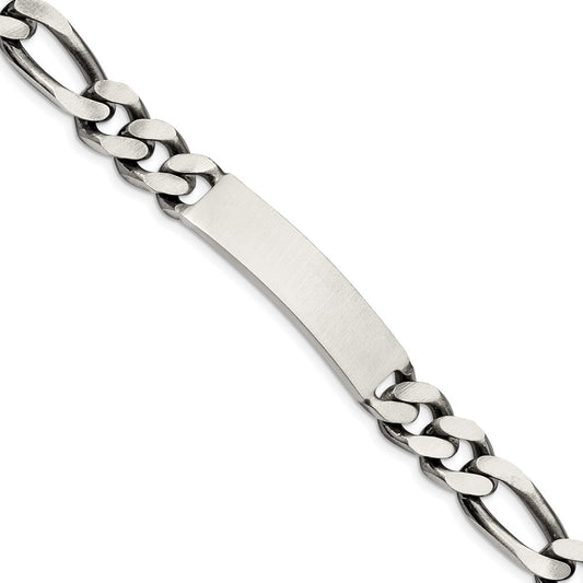 925 Sterling Silver 9mm Engraveable Antiqued Figaro Link ID Bracelet 8.5 inch