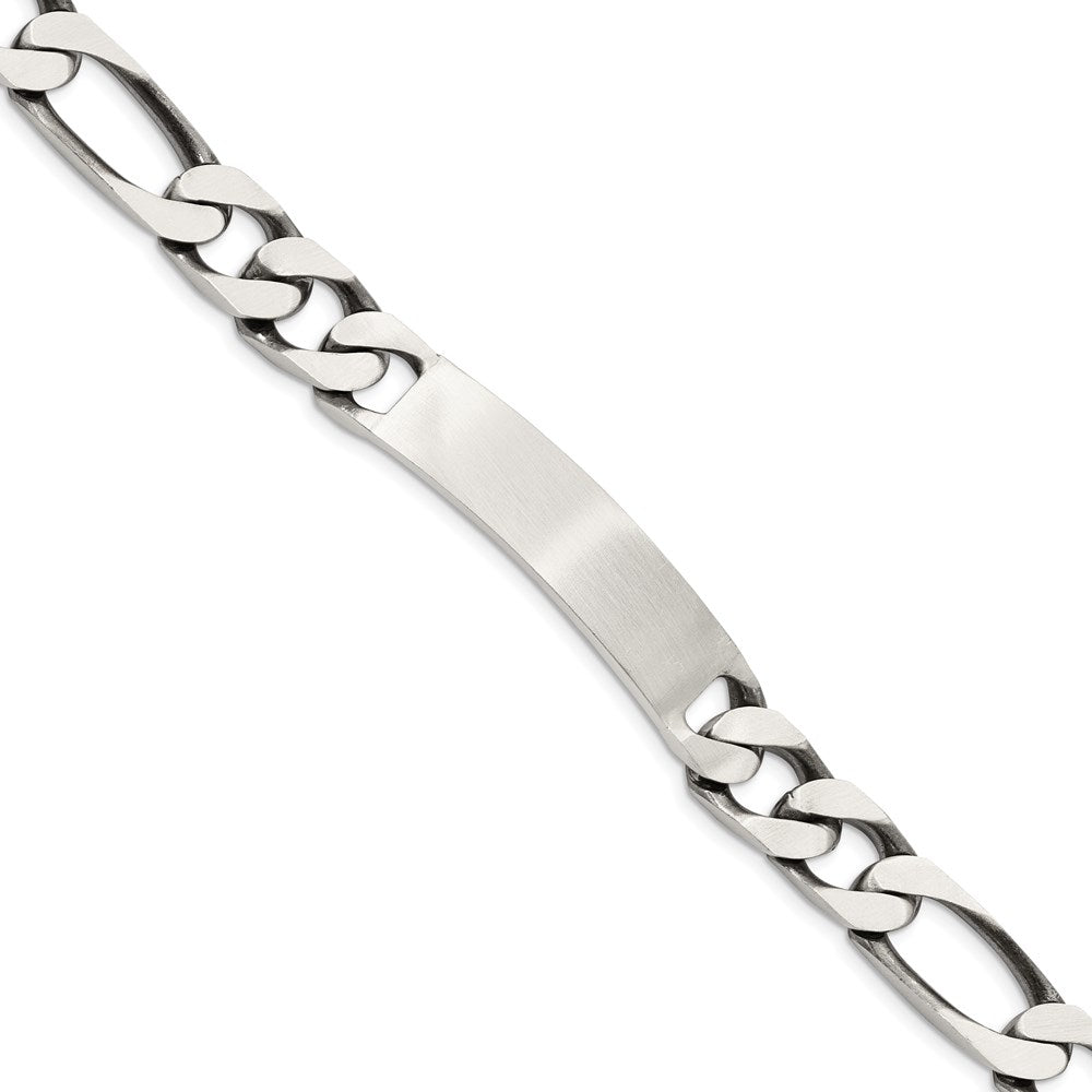 925 Sterling Silver 10mm Engraveable Antiqued Figaro Link ID Bracelet 8.5 inch