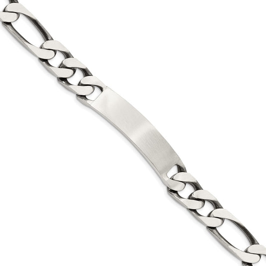 925 Sterling Silver 10mm Engraveable Antiqued Figaro Link ID Bracelet 8.5 inch