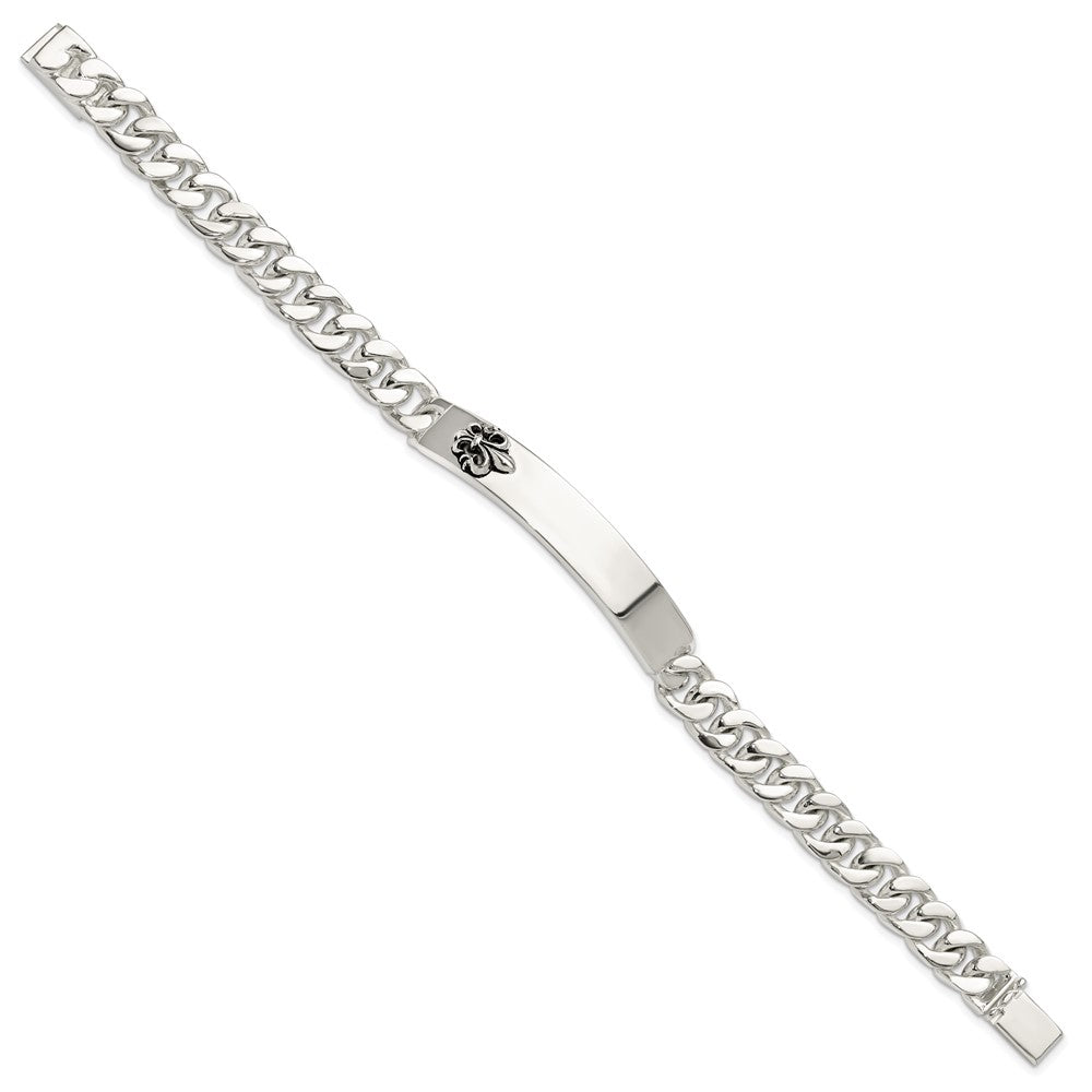 925 Sterling Silver 9.25mm Antiqued Fleur-de-lis ID Men's Bracelet 8.5 inch