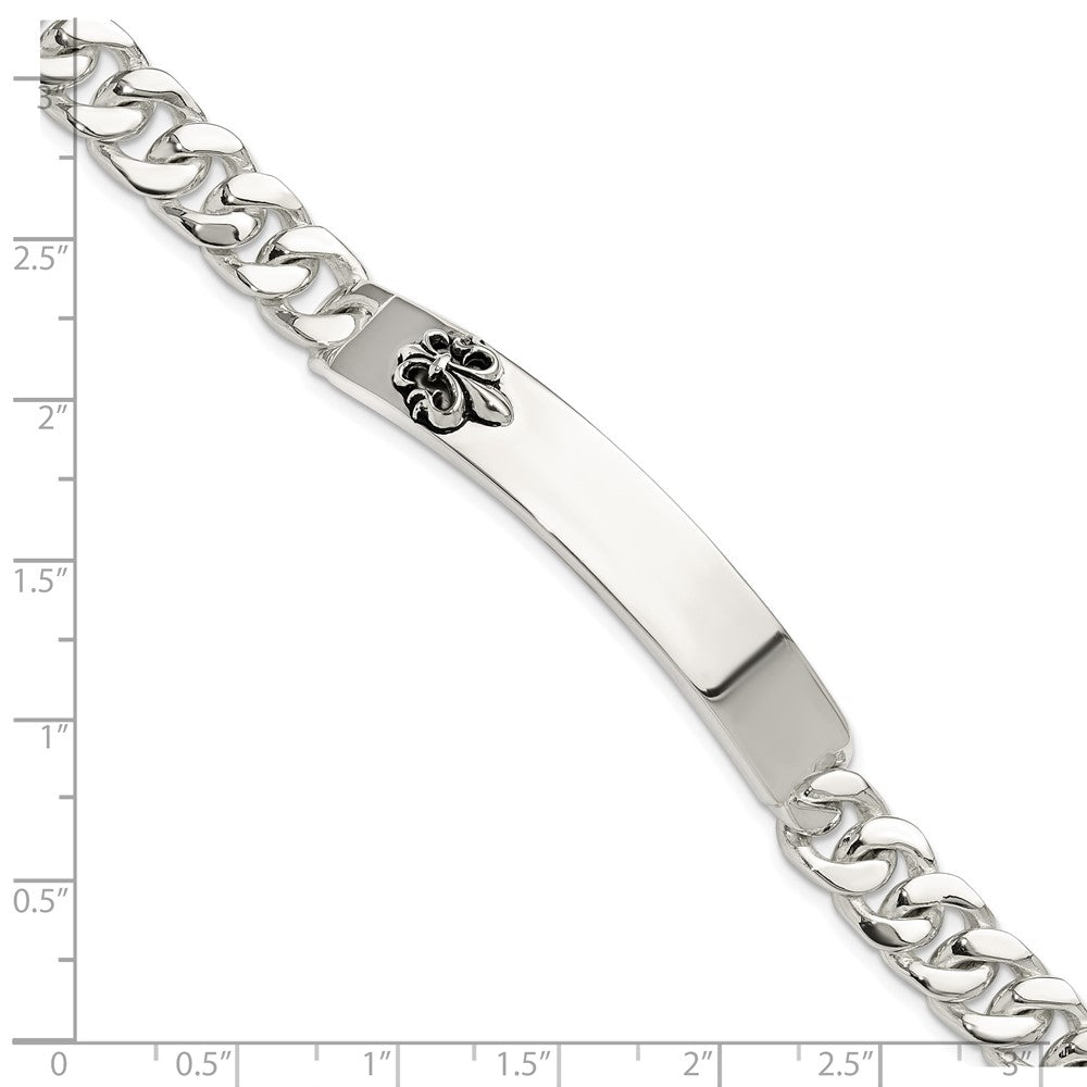 925 Sterling Silver 9.25mm Antiqued Fleur-de-lis ID Men's Bracelet 8.5 inch
