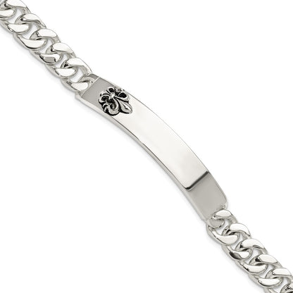 925 Sterling Silver 9.25mm Antiqued Fleur-de-lis ID Men's Bracelet 8.5 inch