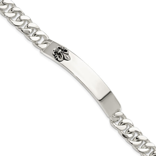 925 Sterling Silver 9.25mm Antiqued Fleur-de-lis ID Men's Bracelet 8.5 inch