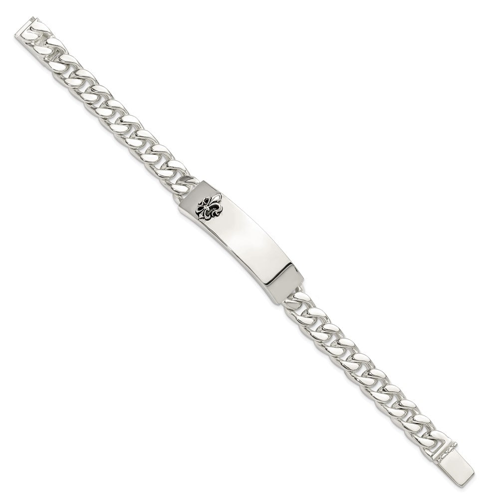 925 Sterling Silver 12.7mm Antiqued Fleur-de-lis ID Men's Bracelet 8.5 inch