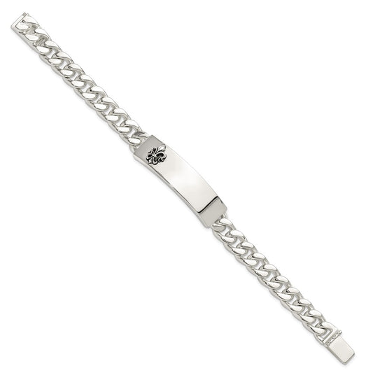 925 Sterling Silver 12.7mm Antiqued Fleur-de-lis ID Men's Bracelet 8.5 inch