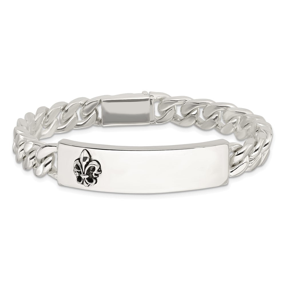 925 Sterling Silver 12.7mm Antiqued Fleur-de-lis ID Men's Bracelet 8.5 inch