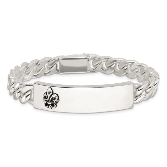 925 Sterling Silver 12.7mm Antiqued Fleur-de-lis ID Men's Bracelet 8.5 inch