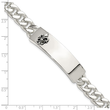 925 Sterling Silver 12.7mm Antiqued Fleur-de-lis ID Men's Bracelet 8.5 inch