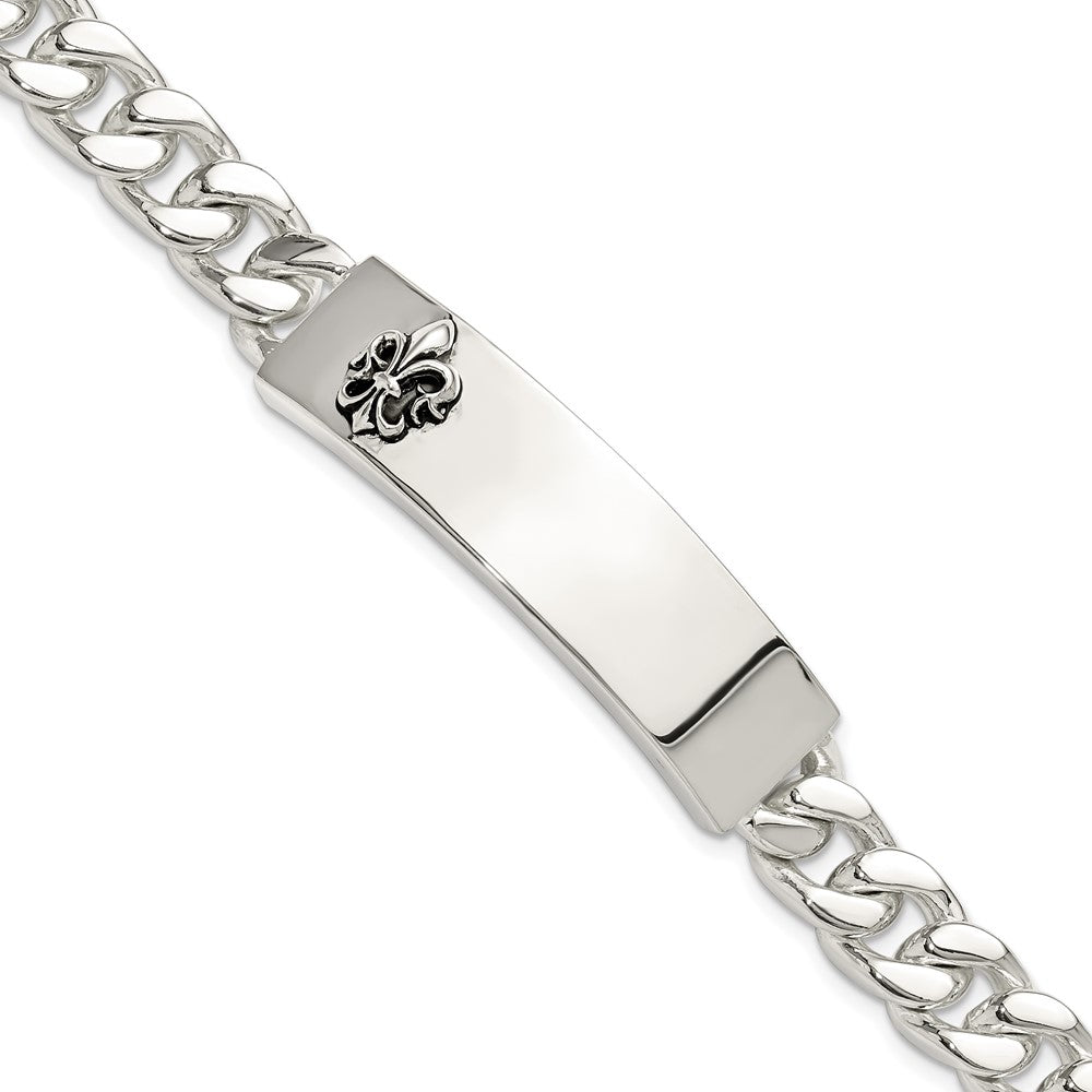 925 Sterling Silver 12.7mm Antiqued Fleur-de-lis ID Men's Bracelet 8.5 inch
