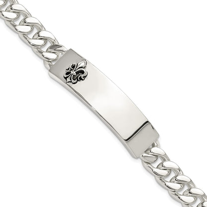 925 Sterling Silver 12.7mm Antiqued Fleur-de-lis ID Men's Bracelet 8.5 inch