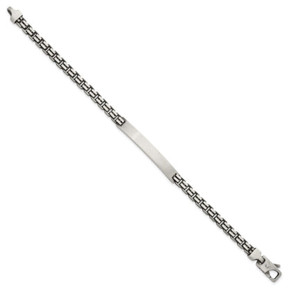 925 Sterling Silver 6mm Antiqued Brushed Fancy Box Link Rectangle Plate ID Bracelet 8 inch