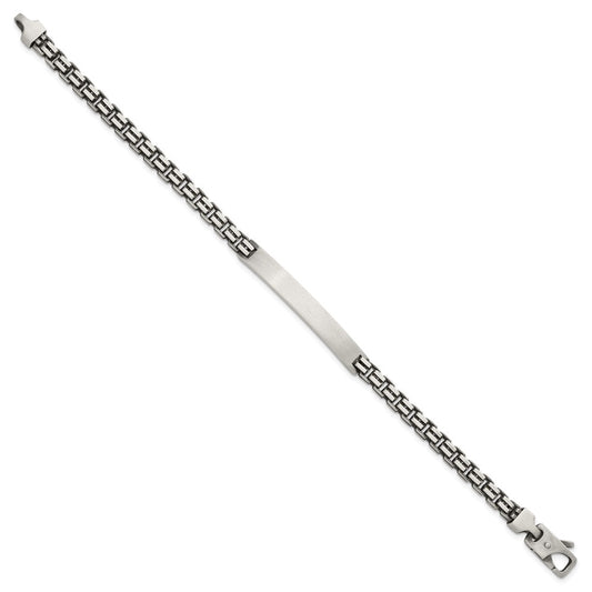 925 Sterling Silver 6mm Antiqued Brushed Fancy Box Link Rectangle Plate ID Bracelet 8 inch