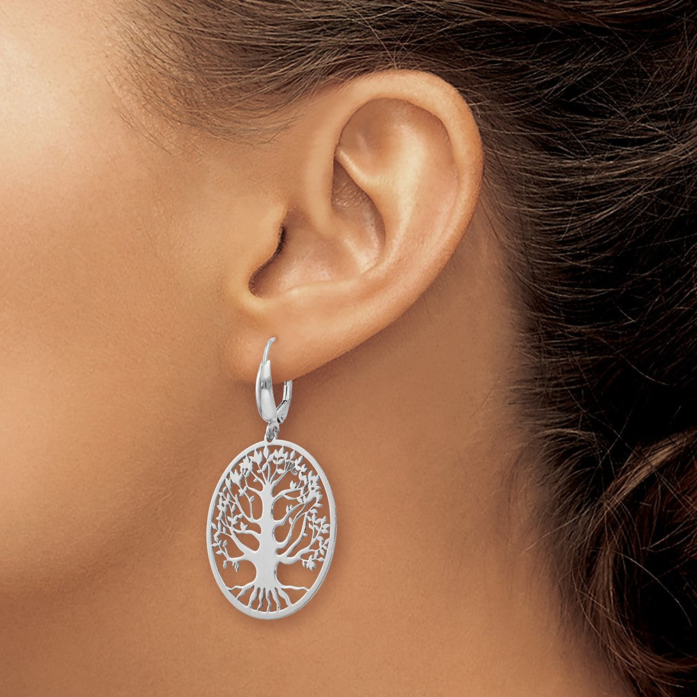 Sterling Silver RH-plated Polished Tree of Life Earrings