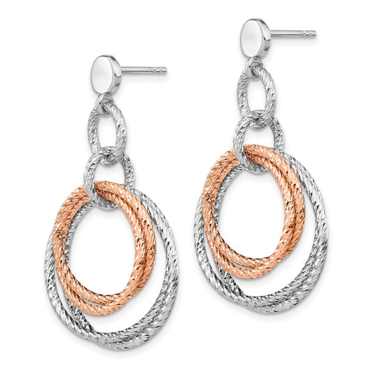 Sterling Silver Rose Gold-plated Rh-plated Diamond-Cut Dangle Earrings