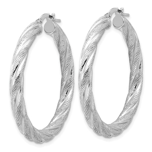 Sterling Silver Rh-plated Polished and Textured Round Hoop Earrings