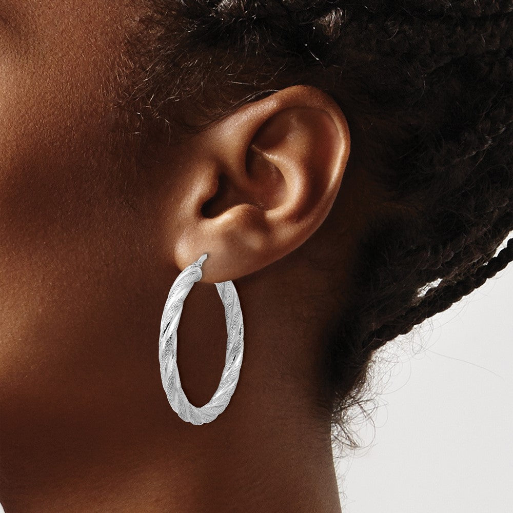 Sterling Silver Rh-plated Polished and Textured Round Hoop Earrings