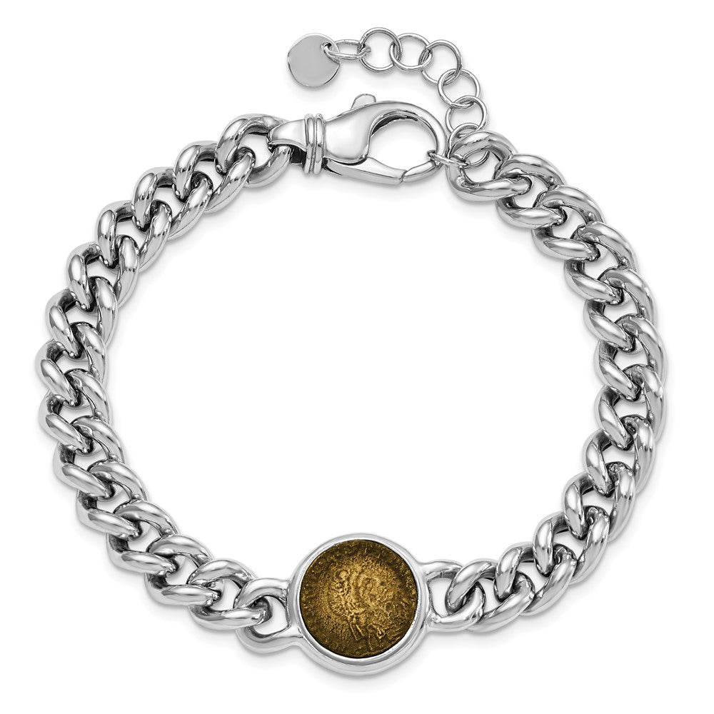 925 Sterling Silver 16mm Rhodium-plated Bronze Coin Bracelet 8.5 inch