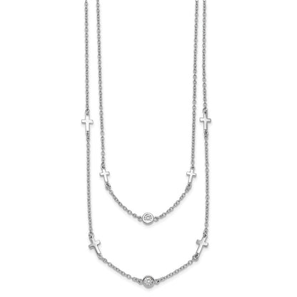 Sterling Silver Rhod-pl Cubic Zirconia Cross Multi-strand Necklace 16"