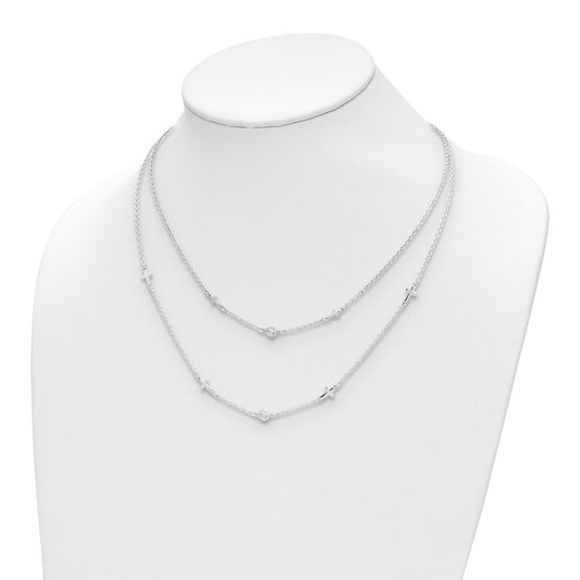Sterling Silver Rhod-pl Cubic Zirconia Cross Multi-strand Necklace 16"