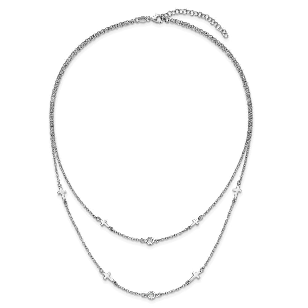 Sterling Silver Rhod-pl Cubic Zirconia Cross Multi-strand Necklace 16"