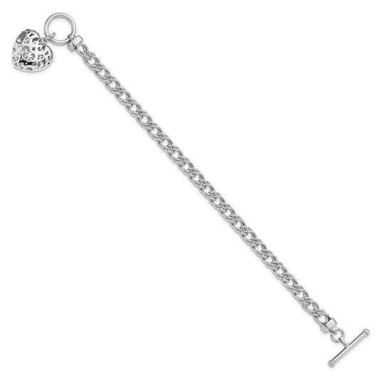 925 Sterling Silver 5.5mm Rhodium-plated Polished with Heart Charm Bracelet 7.5 inch