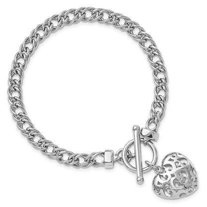 925 Sterling Silver 5.5mm Rhodium-plated Polished with Heart Charm Bracelet 7.5 inch