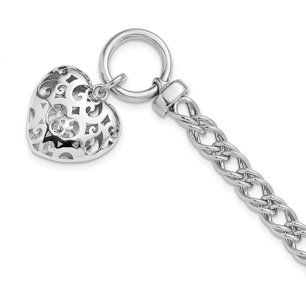 925 Sterling Silver 5.5mm Rhodium-plated Polished with Heart Charm Bracelet 7.5 inch
