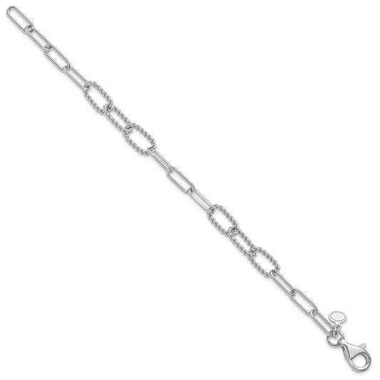925 Sterling Silver 8mm Rhodium-plated Polished/Textured Fancy Link Bracelet 7.5 inch