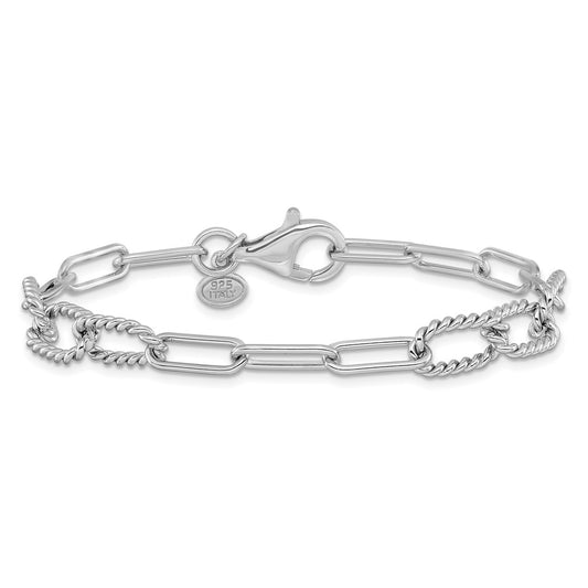 925 Sterling Silver 8mm Rhodium-plated Polished/Textured Fancy Link Bracelet 7.5 inch