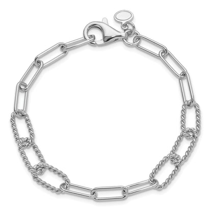 925 Sterling Silver 8mm Rhodium-plated Polished/Textured Fancy Link Bracelet 7.5 inch