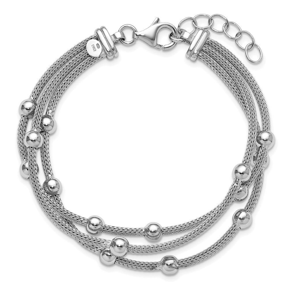 925 Sterling Silver Rhodium-plated Polished 3-strand Bead Bracelet 8.5 inch