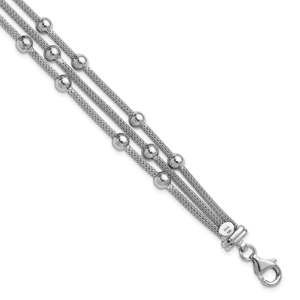925 Sterling Silver Rhodium-plated Polished 3-strand Bead Bracelet 8.5 inch