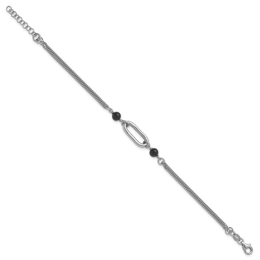 925 Sterling Silver Rhodium-plated Black Glass Pearl 2-Strand Link 7 inch Bracelet