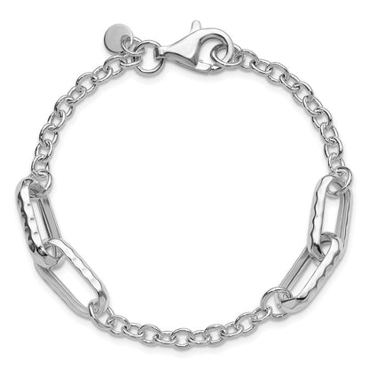 925 Sterling Silver Rhodium-plated Polished and Hamm ered Link Bracelet 7.5 inch