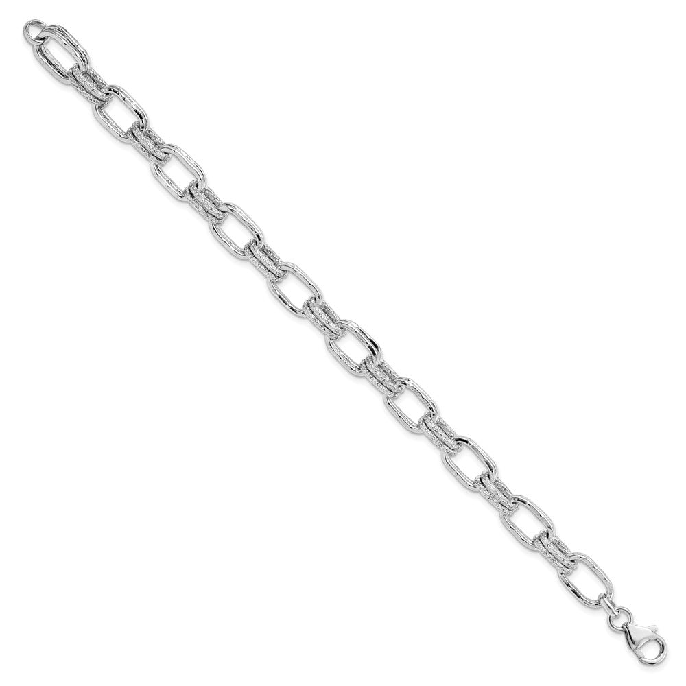 925 Sterling Silver 2.5mm Rhodium-plated Polished and Textured Link Bracelet 7.5 inch